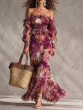 Abito maxi in chiffon rosa antico a fiori con spalle scoperte