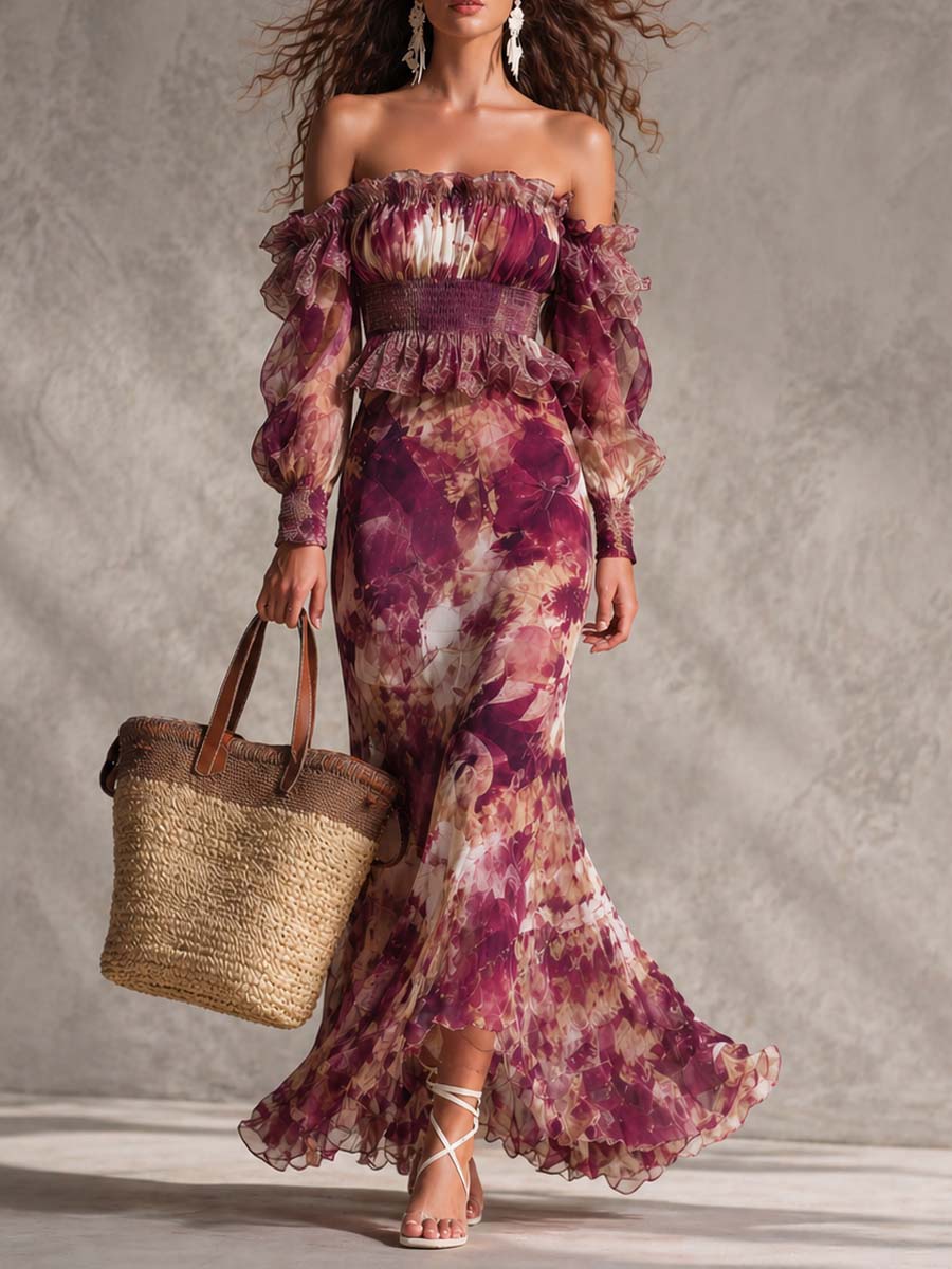 Abito maxi in chiffon rosa antico a fiori con spalle scoperte