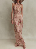 Lia - Elegante abito maxi in chiffon a stampa floreale con scollo a goccia