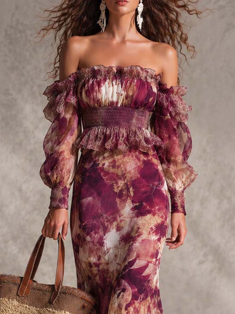 Abito maxi in chiffon rosa antico a fiori con spalle scoperte
