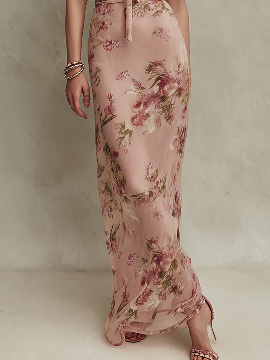 Lia - Elegante abito maxi in chiffon a stampa floreale con scollo a goccia
