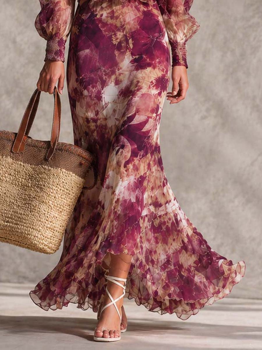 Abito maxi in chiffon rosa antico a fiori con spalle scoperte
