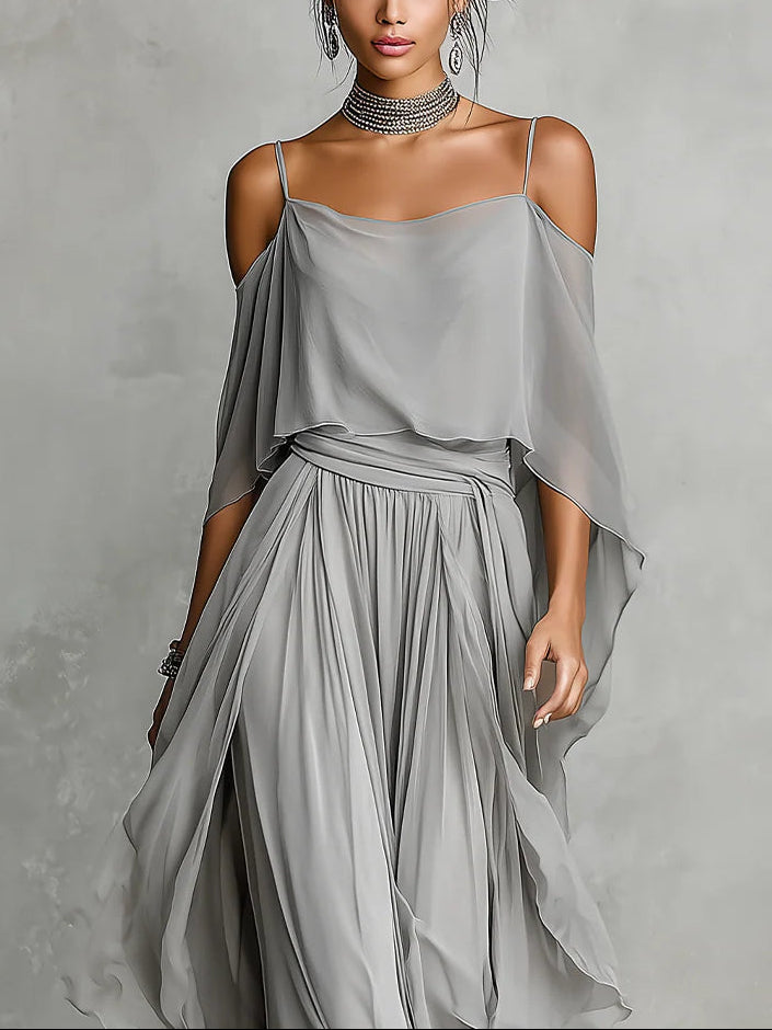 Isabella | Set con top fluido grigio e pantaloni in chiffon • S1