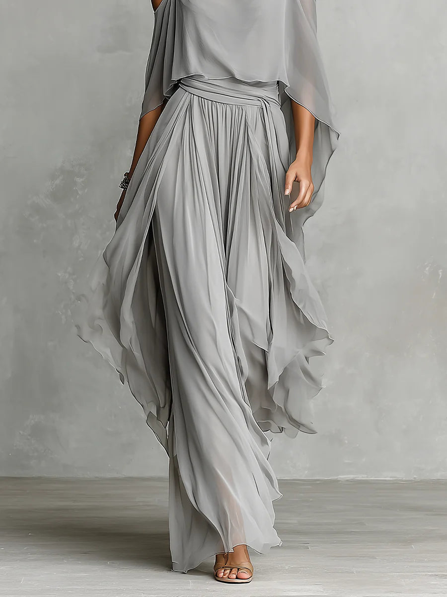 Isabella | Set con top fluido grigio e pantaloni in chiffon • S1