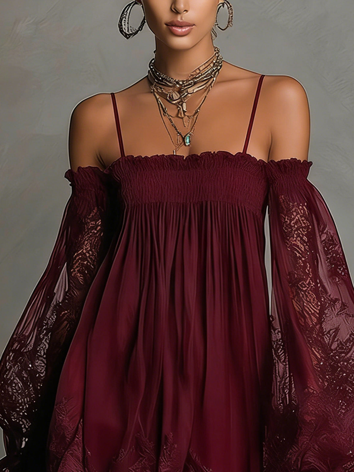 Noemi | Mini abito in chiffon blu navy con scollo a spalle scoperte, bordo in pizzo e maniche trasparenti
