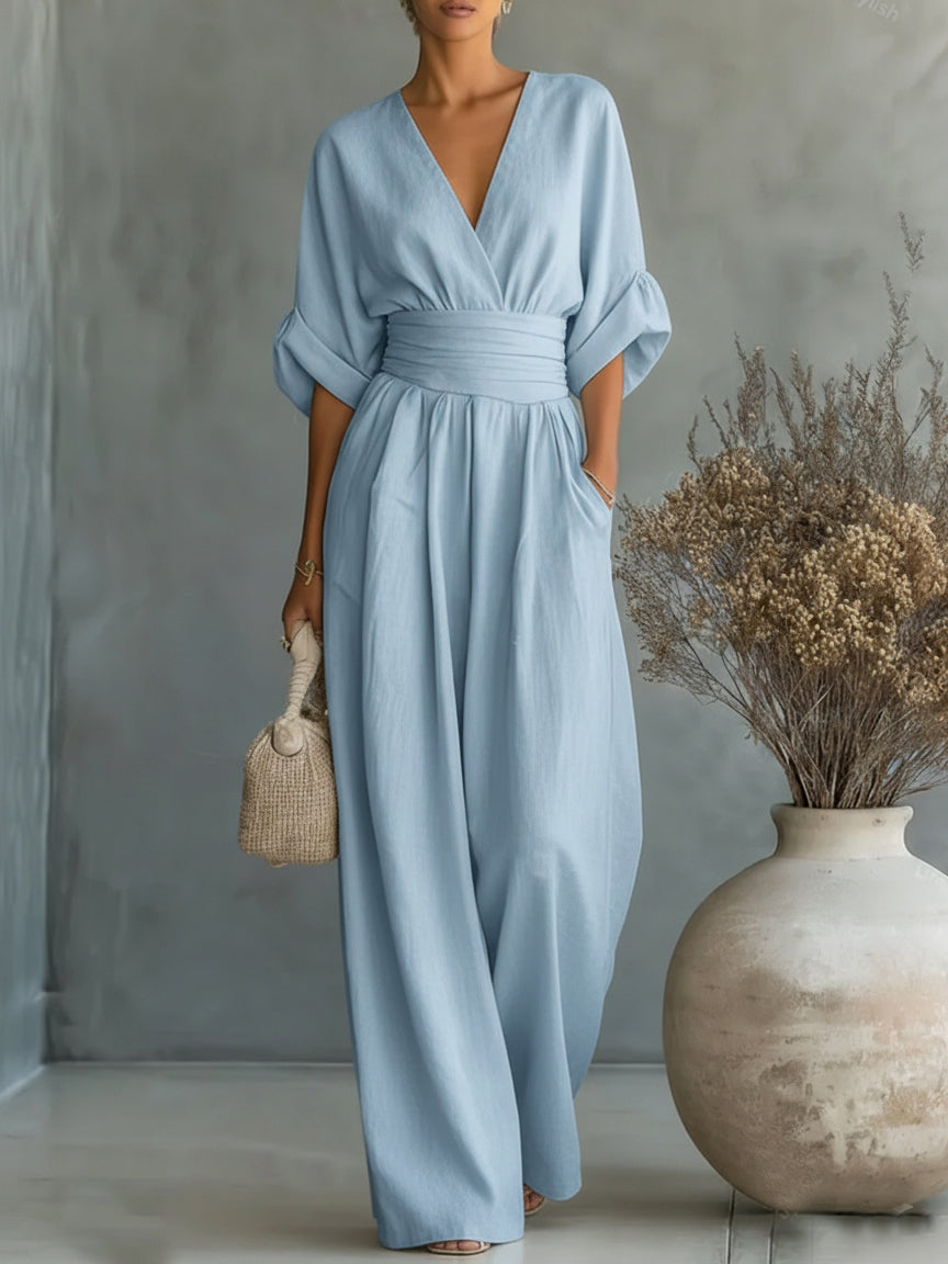 Elegante tuta a vita alta con scollo a V • S1