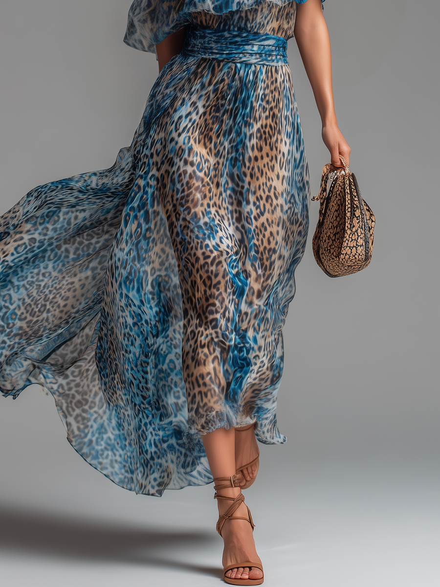Wild - Lungo abito in chiffon con stampa leopardata e spalle scoperte
