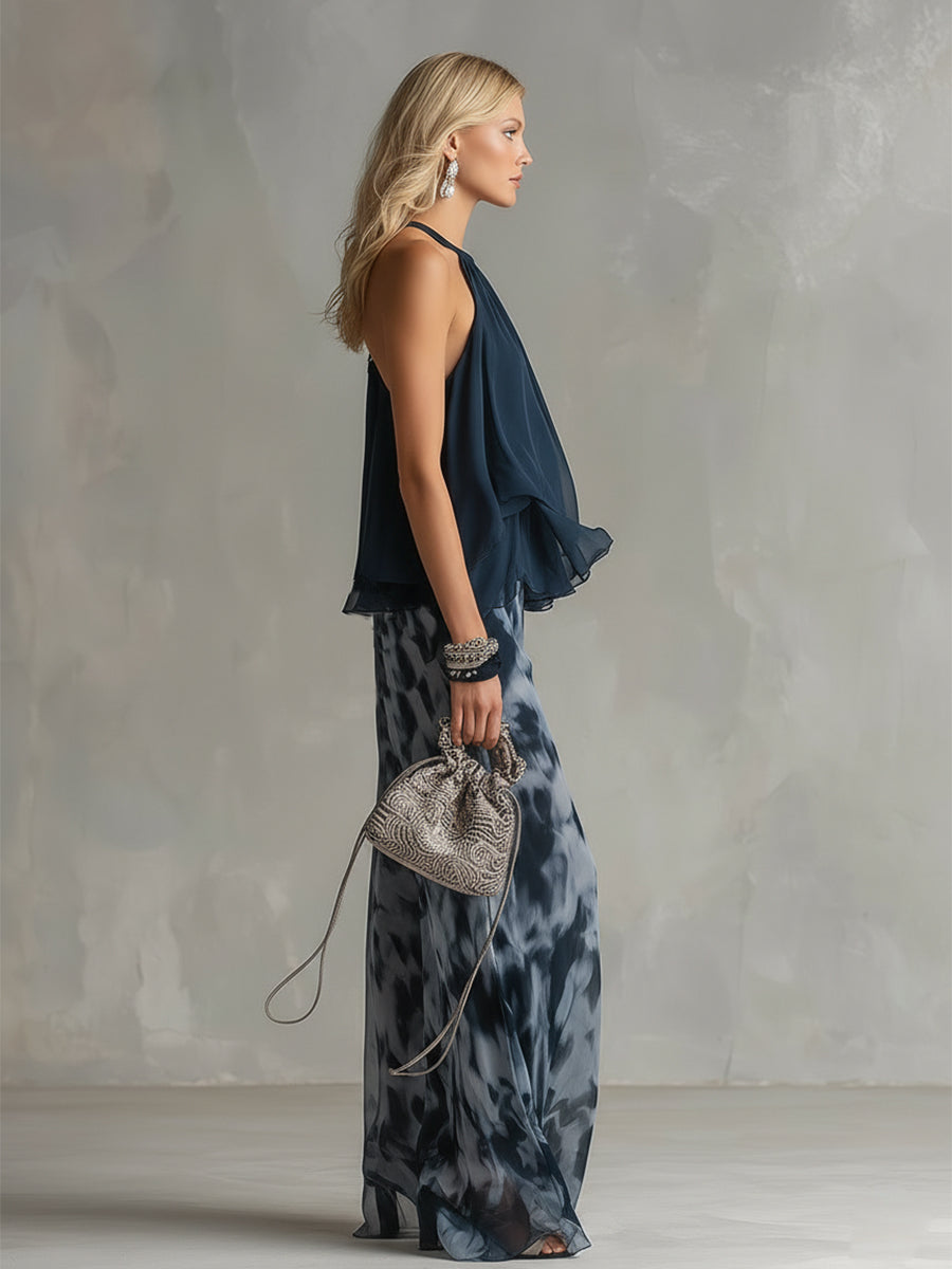 Ludovica | Elegante top blu navy a collo alto e set pantaloni stampati a gamba larga