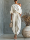 Set donna in lino bianco panna con top a spalle scoperte e pantaloni affusolati • S1