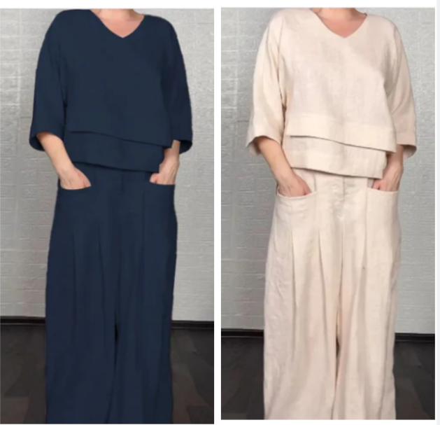 Liza | Set a due pezzi in misto cotone e lino – Top con scollo a V e pantaloni a gamba larga • S1