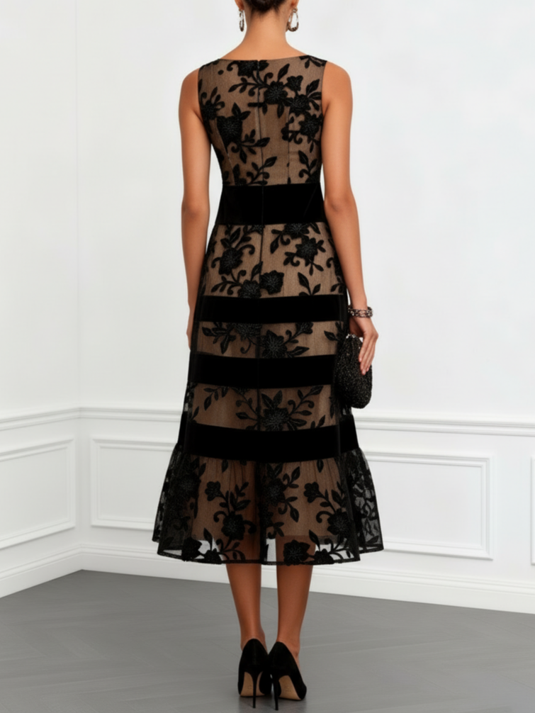 Abito midi in mesh nero a fiori, senza maniche, a linea ad A