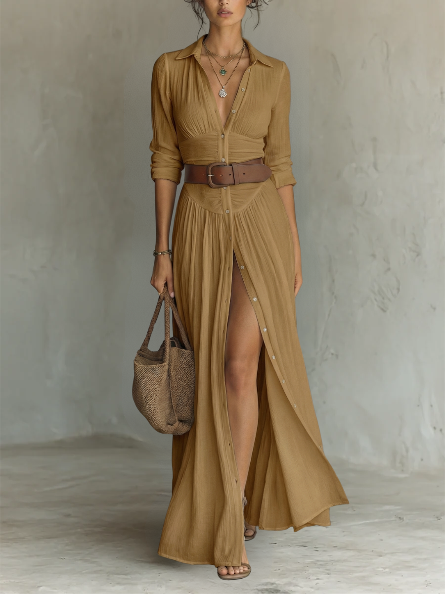 Abito lungo maxi in lino con colletto a revers e maniche lunghe da donna • S1