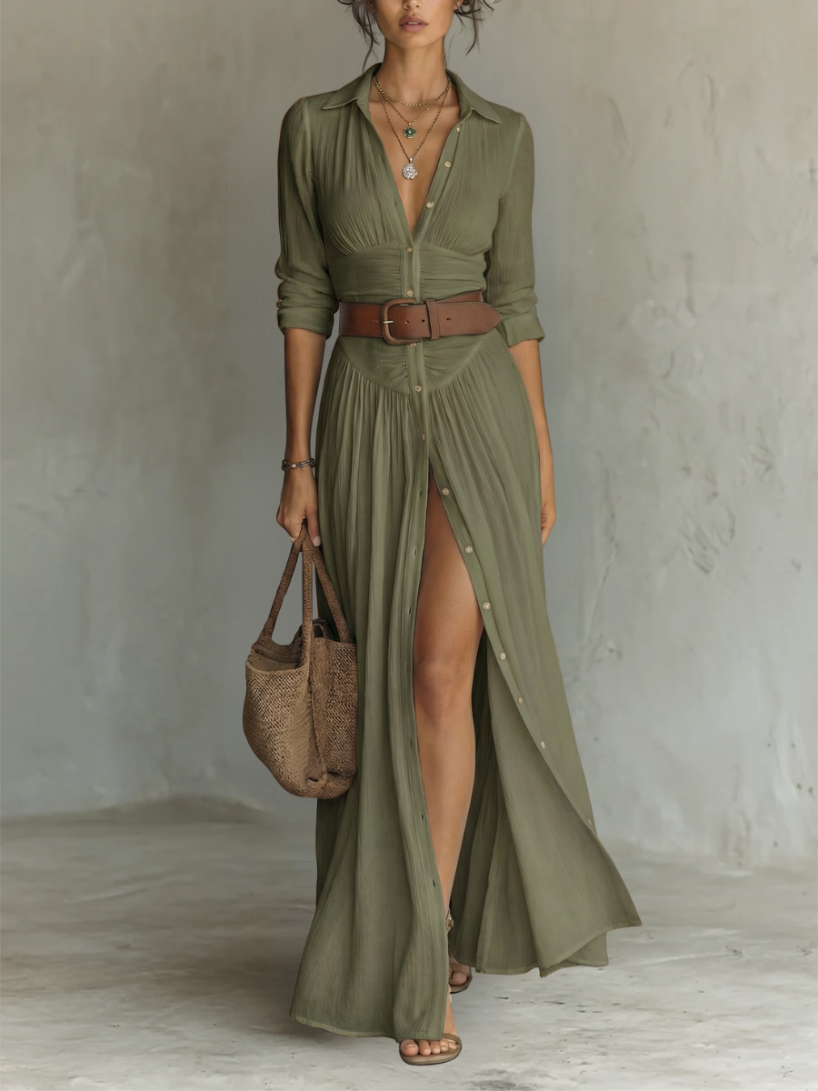 Abito lungo maxi in lino con colletto a revers e maniche lunghe da donna • S1
