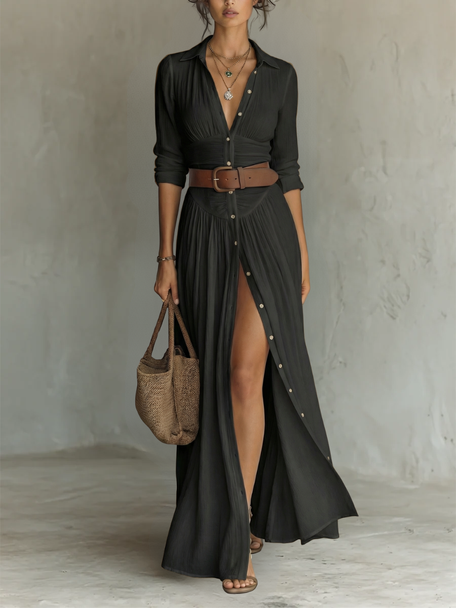 Abito lungo maxi in lino con colletto a revers e maniche lunghe da donna • S1