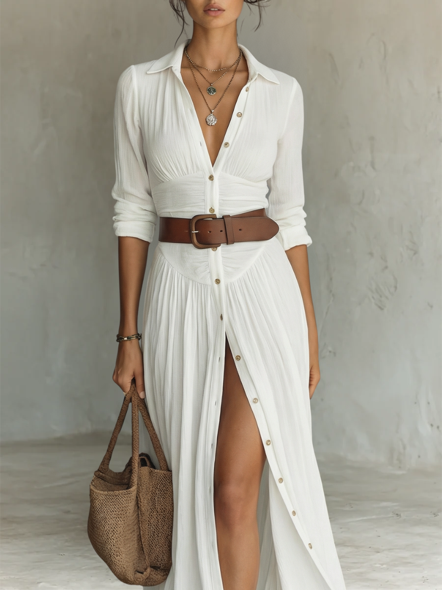 Abito lungo maxi in lino con colletto a revers e maniche lunghe da donna • S1