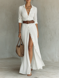 Abito lungo maxi in lino con colletto a revers e maniche lunghe da donna • S1