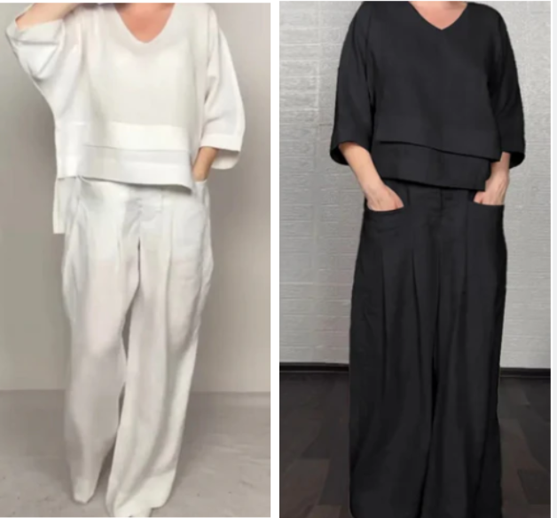 Liza | Set a due pezzi in misto cotone e lino – Top con scollo a V e pantaloni a gamba larga • S1