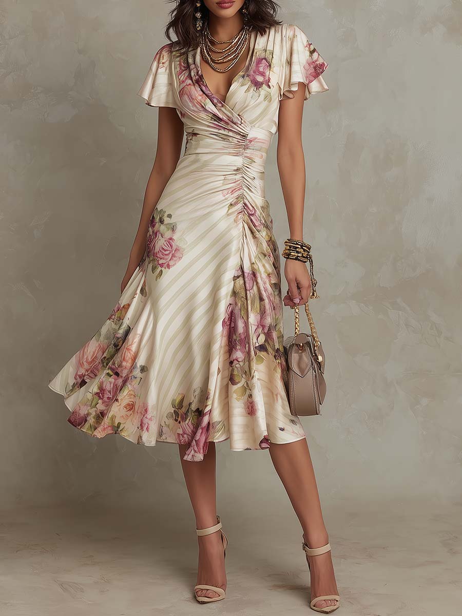 Alba™ | Elegante abito midi a portafoglio, arricciato, a fiori