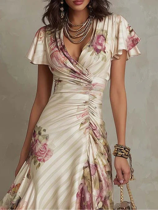 Alba™ | Elegante abito midi a portafoglio, arricciato, a fiori