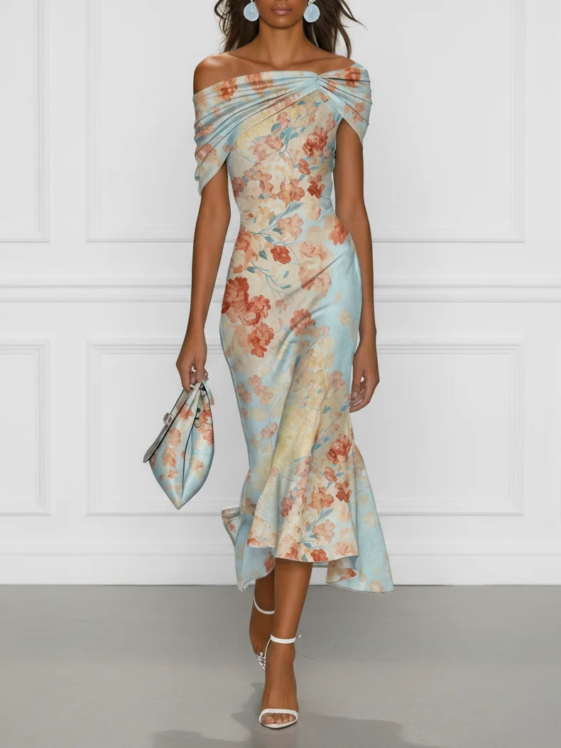 Vittoria - Abito midi a sirena, senza maniche, a spalle scoperte con motivo floreale blu
