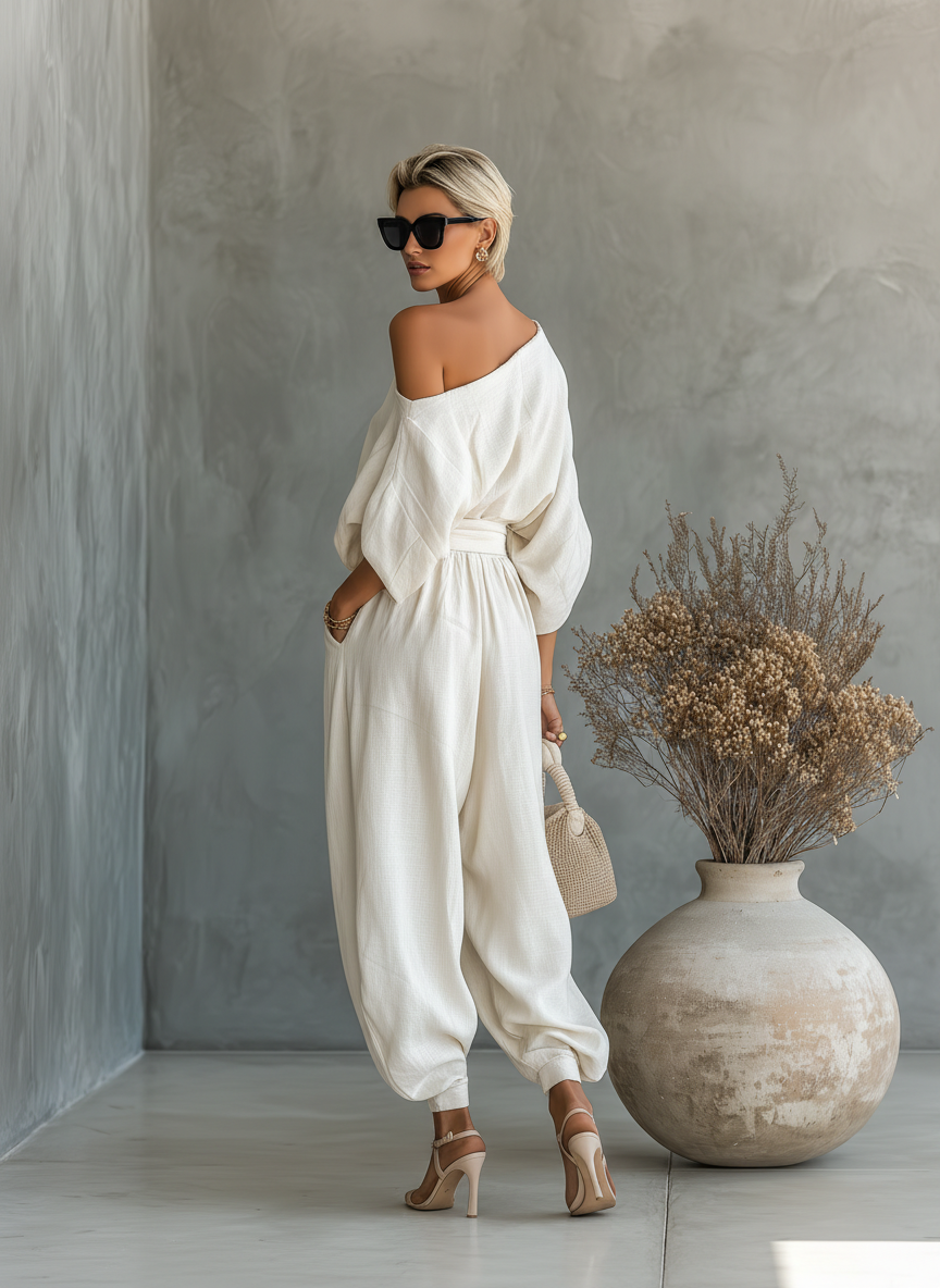 Set donna in lino bianco panna con top a spalle scoperte e pantaloni affusolati • S1