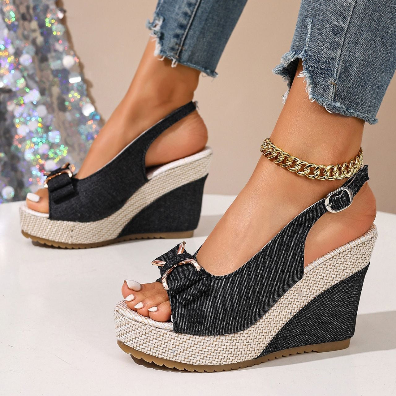 Zeppe in denim celeste con fiocco
