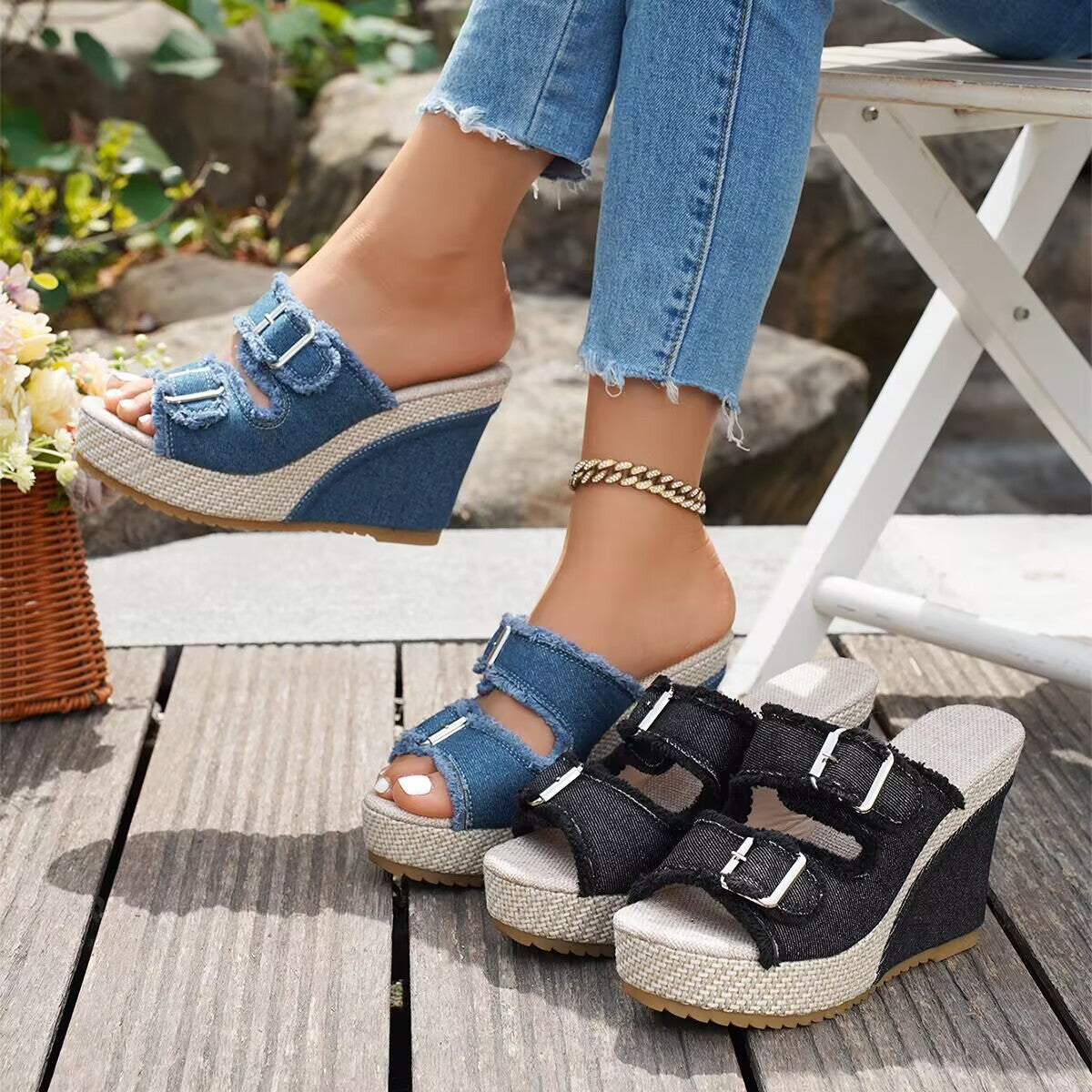 Elara Sandali con zeppa in denim