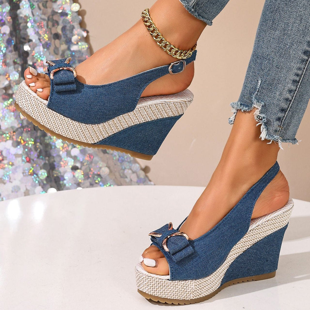 Zeppe in denim celeste con fiocco