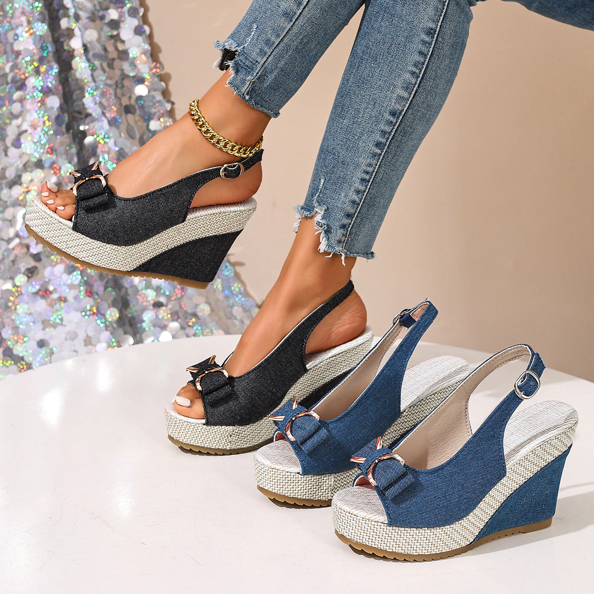 Zeppe in denim celeste con fiocco