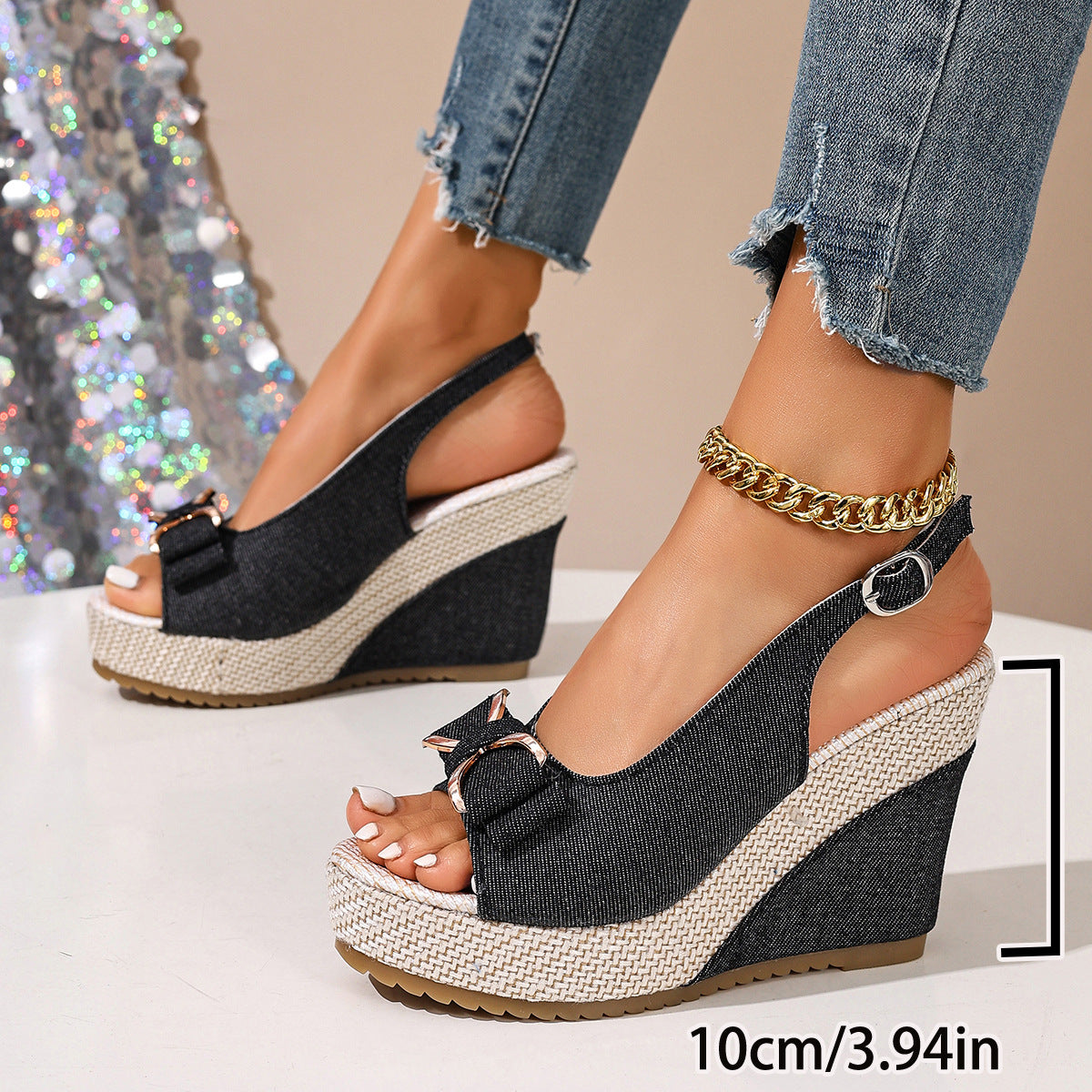 Zeppe in denim celeste con fiocco