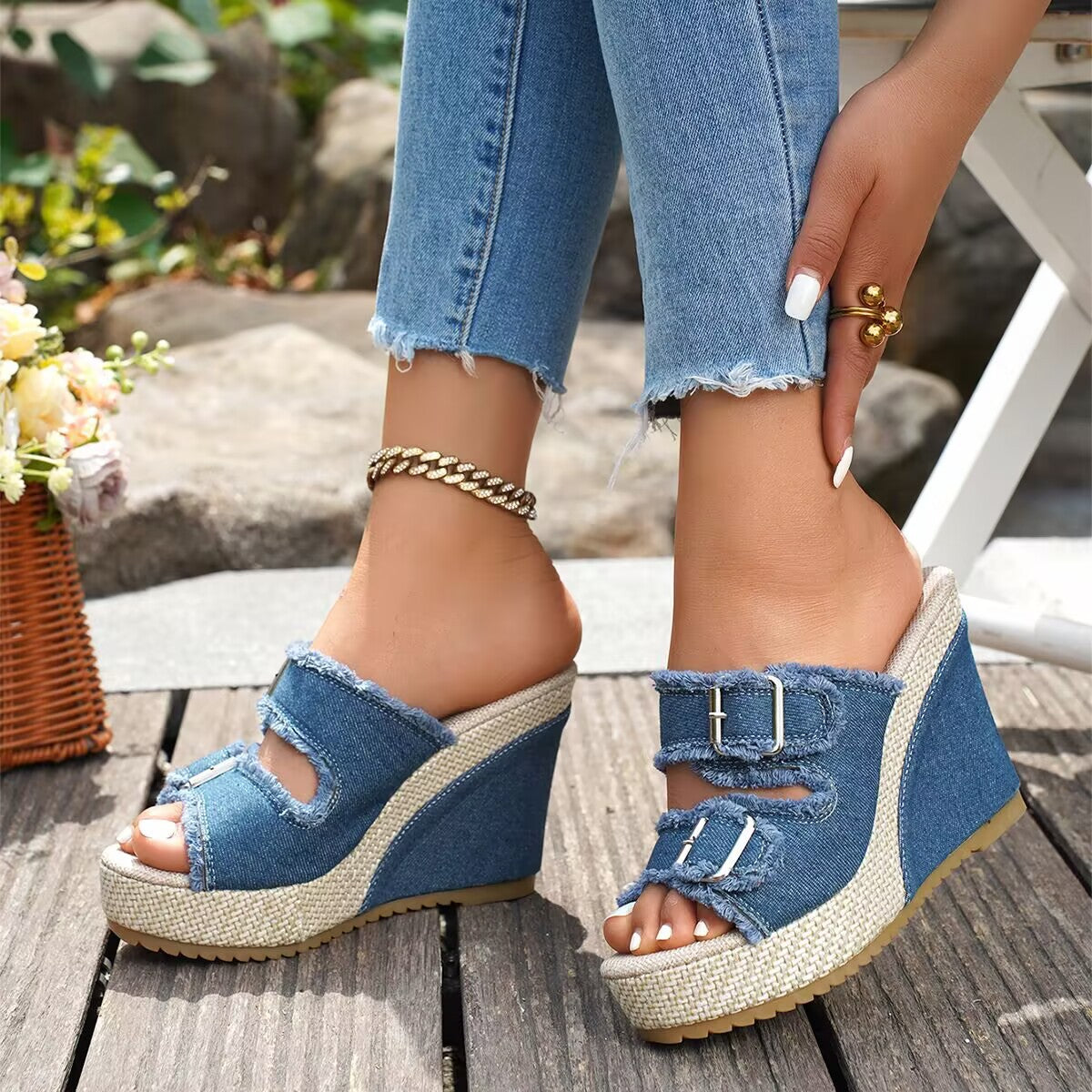 Elara Sandali con zeppa in denim