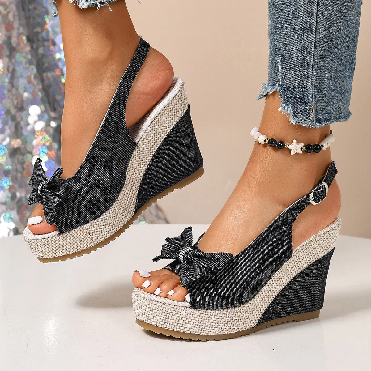 Anna Sandali con zeppa in denim
