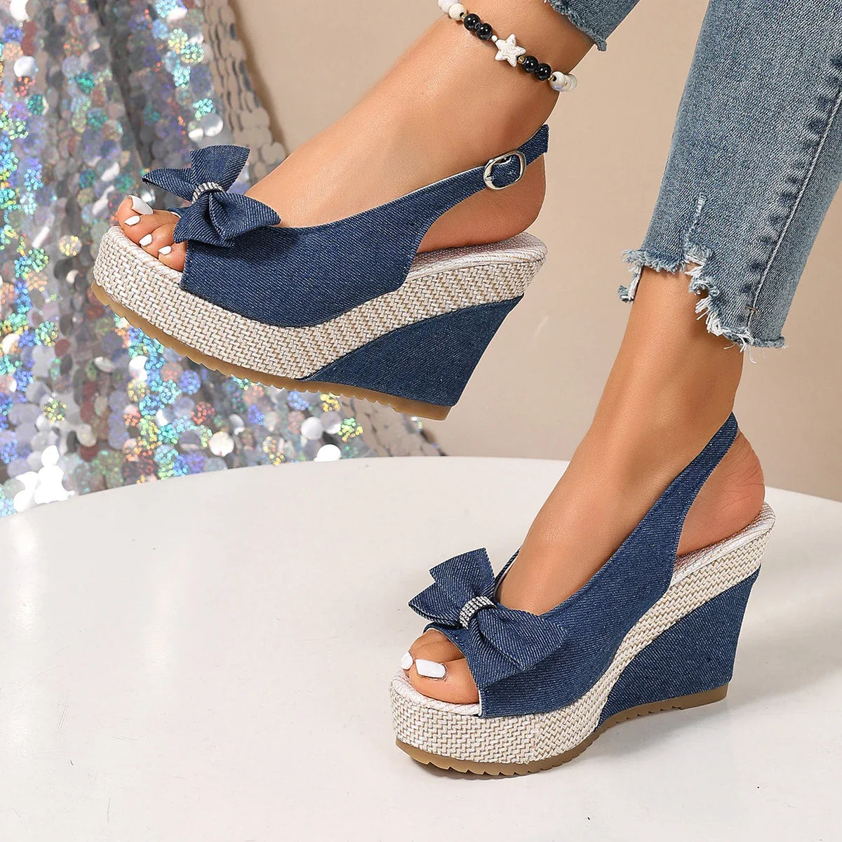 Anna Sandali con zeppa in denim