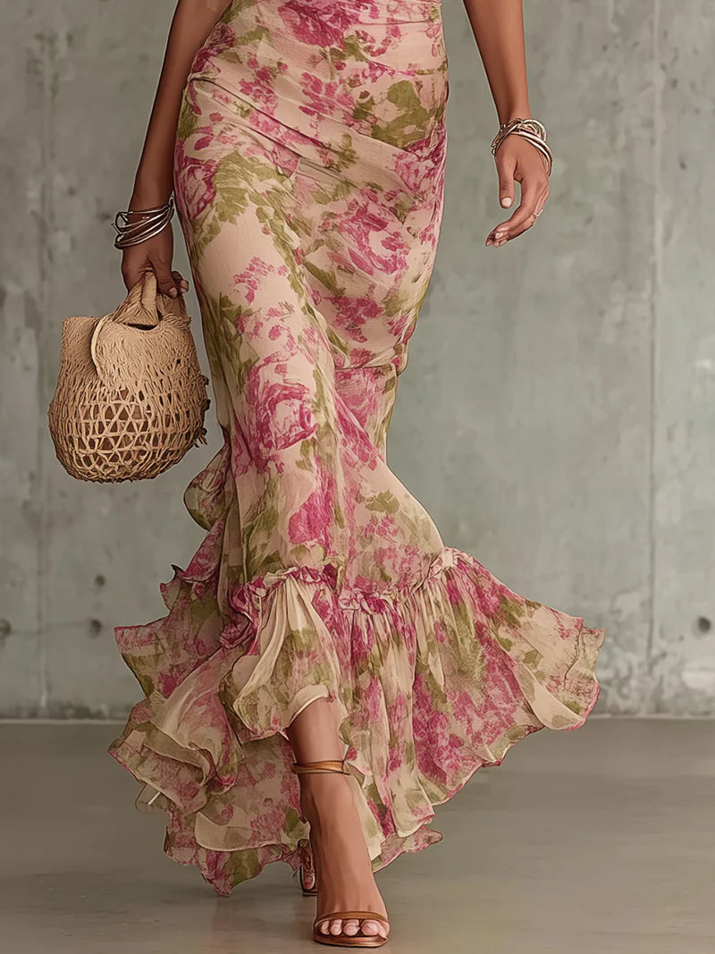 Abito maxi con stampa rose vintage e maniche a sbuffo (accessori non inclusi)