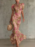 Abito maxi con stampa rose vintage e maniche a sbuffo (accessori non inclusi)