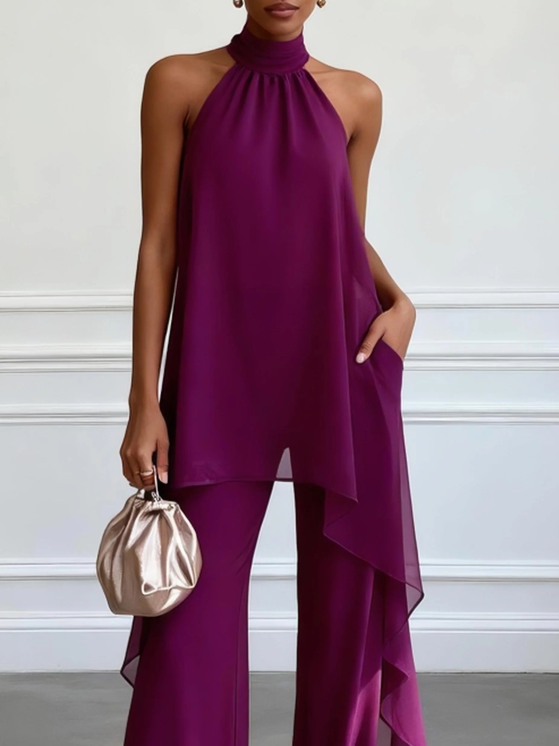 Set due pezzi viola con elegante top monospalla senza maniche e pantaloni