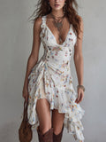 Mini abito vintage a fiori con scollo a V e spalline sottili