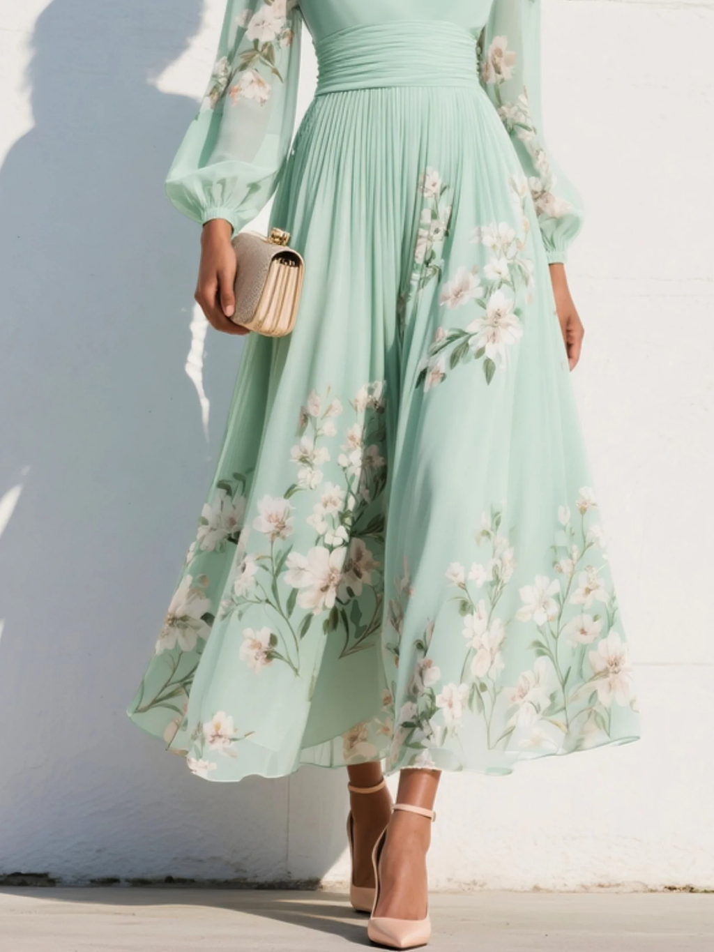 Abito maxi plissettato in chiffon verde menta con stampa floreale da donna