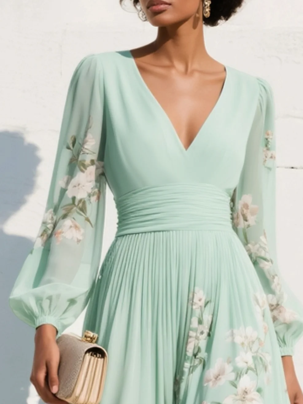 Abito maxi plissettato in chiffon verde menta con stampa floreale da donna