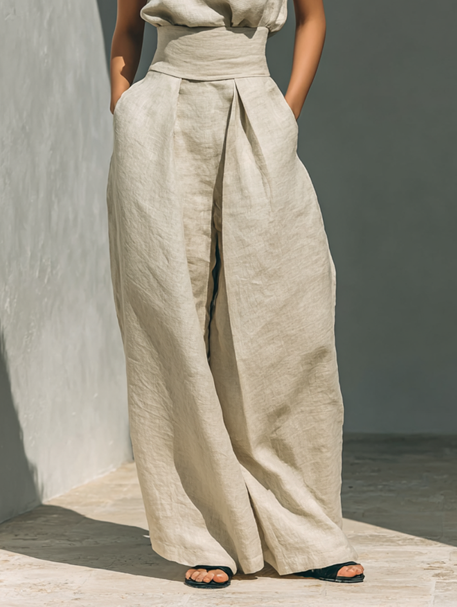 Aurora | Set co-ord beige rilassato, senza maniche, a gamba larga