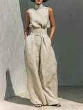 Aurora | Set co-ord beige rilassato, senza maniche, a gamba larga