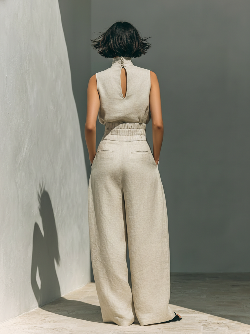 Aurora | Set co-ord beige rilassato, senza maniche, a gamba larga