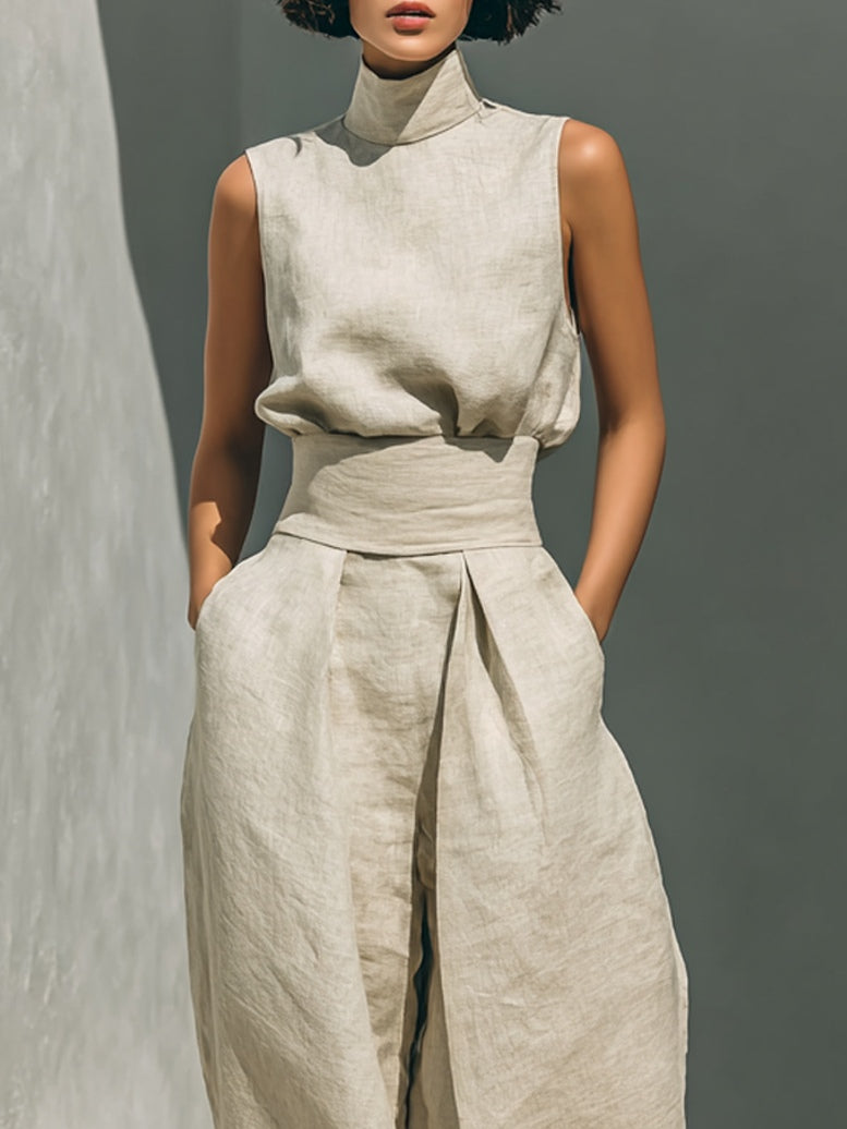 Aurora | Set co-ord beige rilassato, senza maniche, a gamba larga
