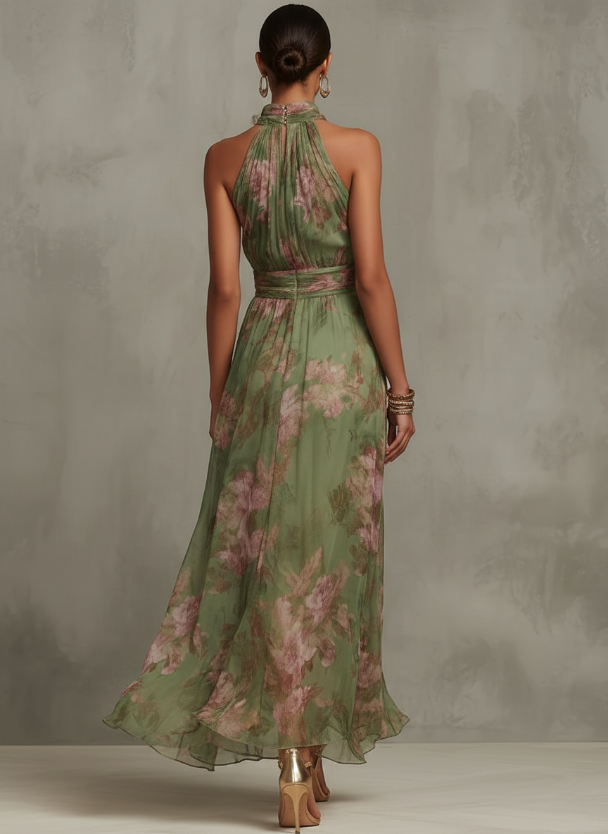 Serena — Elegante abito maxi in chiffon a fiori con collo alla schiava