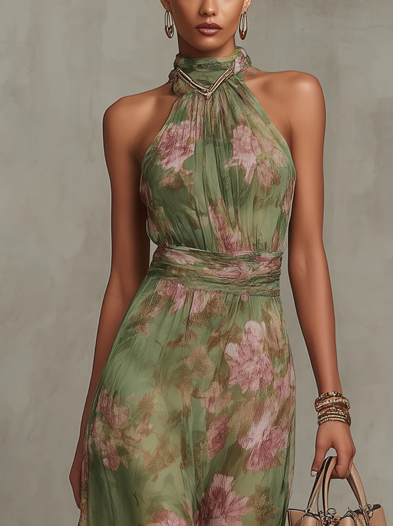 Serena — Elegante abito maxi in chiffon a fiori con collo alla schiava