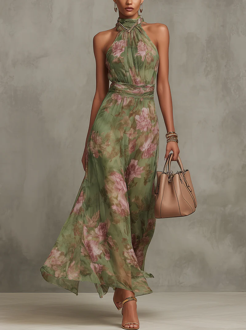 Serena — Elegante abito maxi in chiffon a fiori con collo alla schiava