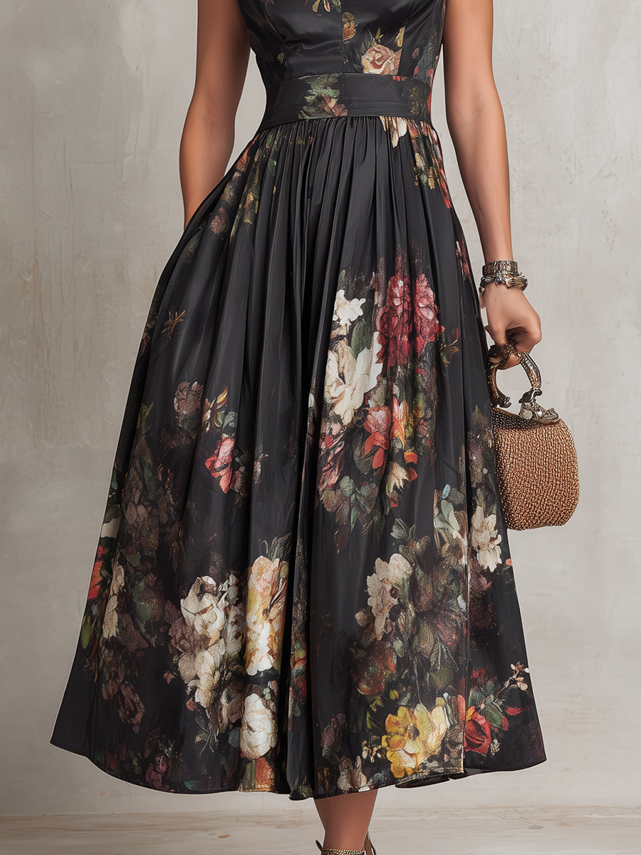 Violetta - Abito midi nero in raso plissettato con motivo floreale e scollo a goccia
