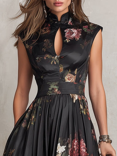 Violetta - Abito midi nero in raso plissettato con motivo floreale e scollo a goccia