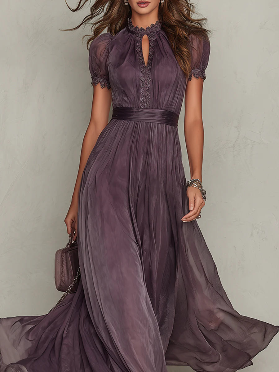 Abito maxi viola in chiffon con scollo a goccia e bordo in pizzo