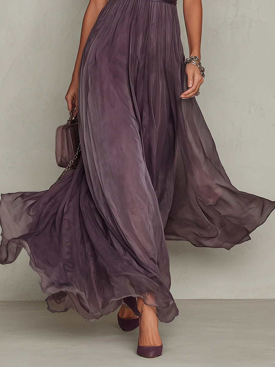 Abito maxi viola in chiffon con scollo a goccia e bordo in pizzo